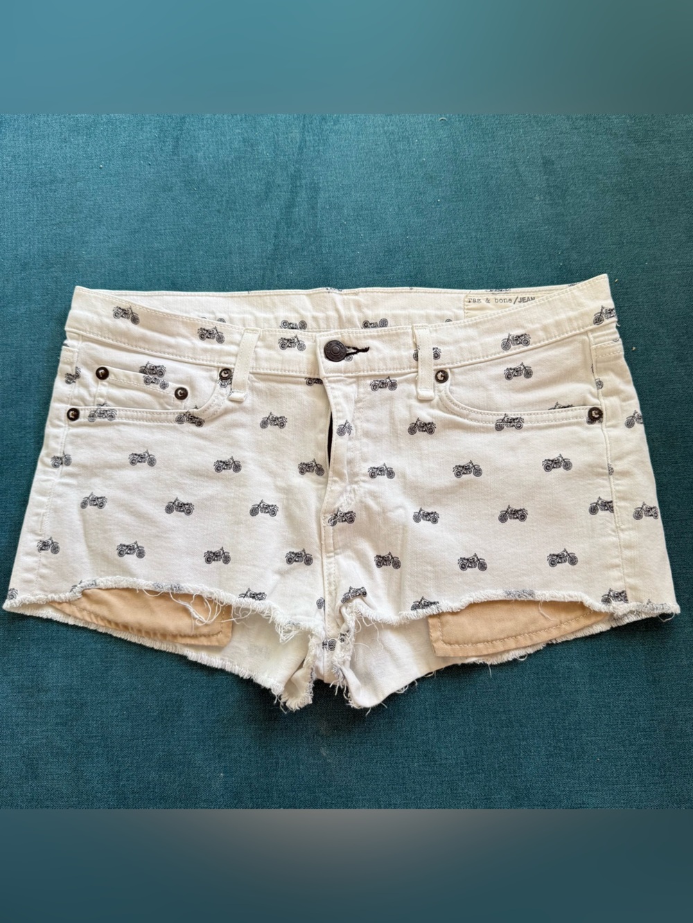 Rare rag & bone White Denim Shorts with Black Motorcycle Print